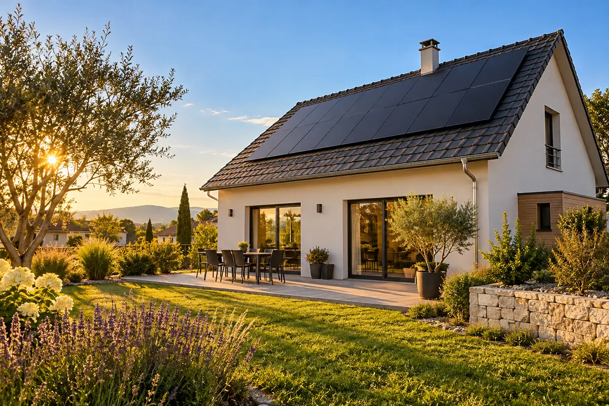 Maison individuelle équipée de panneaux solaires sur le toit